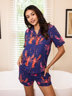 Womens Cotton Shortie Pyjamas Navy Lobsters - 3XL / 22-24 / Navy