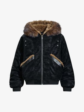 Retro Detachable Faux Fur Collar Suede Fleece Hoodie Jacket - Black / XL