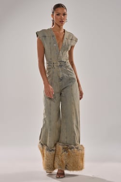 AKIRA Talk That Talk Denim Fur Jumpsuit In Vintage Blue | Size 2X