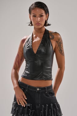 AKIRA Without A Doubt Faux Leather Halter Neck Corset Top | Black | Size XL