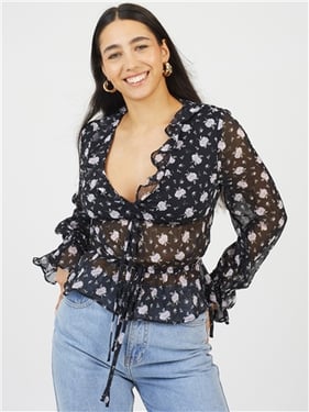 Brave Soul Floral Long Sleeve Top - Black - L