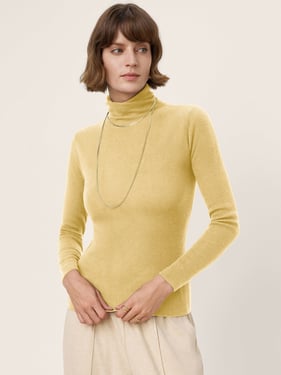 100% Extra-Fine Merino Wool Turtleneck Knit Sweater JOLENE - Lime Yellow / L