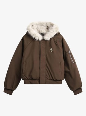 Retro Fur Hooded Fleece Bomber Jacket - 2478 - Brown / 3XL