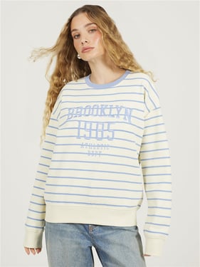 Brave Soul Embroidery Crew Neck Sweater - Cream / Sky Blue - XS