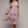 Goddiva Layered Floral Midi With Flutter Sleeves - Blush