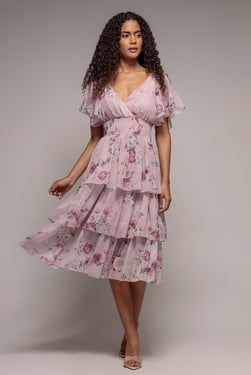 Goddiva Layered Floral Midi With Flutter Sleeves - Blush