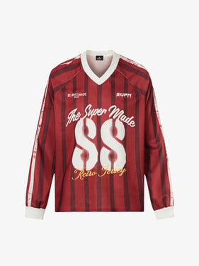 Retro Striped 88 Print Graphic Jersey Long-Sleeved T-Shirt - Red / XXL