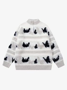 Contrast Stripe Butterfly Jacquard Half-zip Sweater - Gray / XL