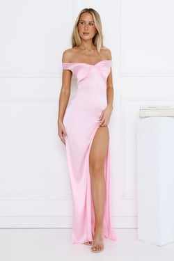 Spark Babe Off Shoulder Satin Maxi Dress Pink