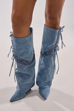 AKIRA Gold Mantigna Denim Wedge Boot | Size 11