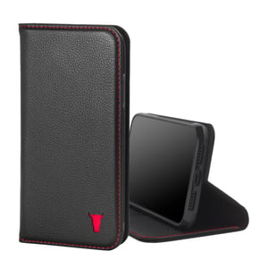 iPhone 11 Leather Case (with stand function) - Black with Red Detail
