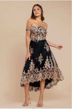 Goddiva Bardot Sequin & Lace High Low Midi - Champagne