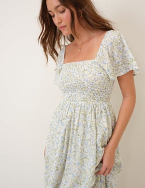 Blue Floral Shirred Bella Midi Dress