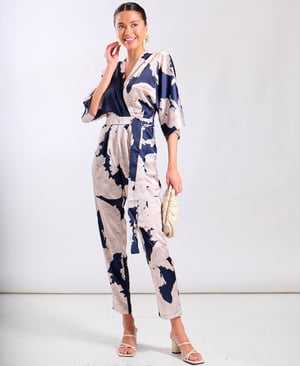 Navy Leaf Kimono Sleeve Jumpsuit - 16