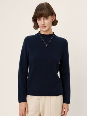 100% Mongolian Cashmere Seamless Rolled-Edge Mock Neck Sweater JANIE - Navy Blue / XL