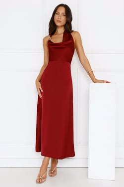 Night's Allure Satin Halter Maxi Dress Wine