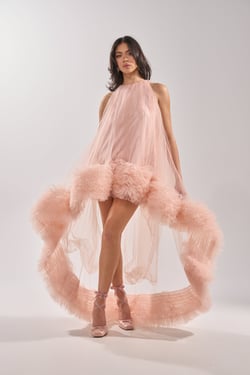 AKIRA Ari Tulle Ruffle High Low Mini Dress In Blush | Size XL