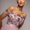 Goddiva Scallop Bardot Ruffle Mesh Maxi - Blush