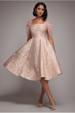 Goddiva Lace Up Jacquard Midi Dress With Organza Wings - Blush Pink