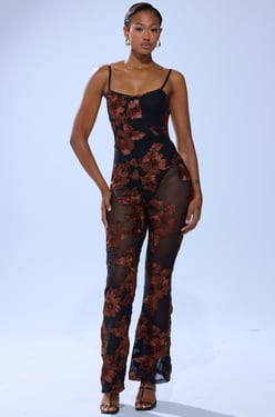 AKIRA Lay It Low Printed Mesh Jumpsuit | Black | Size 2X