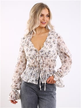 Brave Soul Tie Floral Blouse - Cream - XS