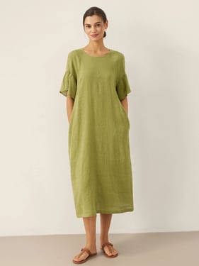 Linen Round Neck Flutter Sleeve Maxi Dress WINNIE - Olive Moss / XXL