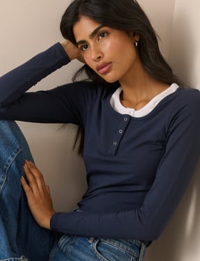 Navy Double Layer Henley Top
