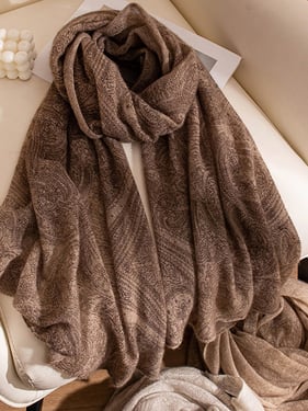 100% Cashmere Printed Hand-Knit Shawl Scarf - Dark Brown / One Size