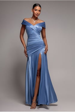 Goddiva Satin Off Shoulder Pleated Maxi Dress - Dusty Blue