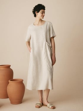 100% Linen Pocket Caftan Midi-Dress ESME - Grayish White / XXL