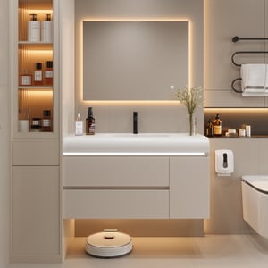 39" Curved Design Wall Mounted Bathroom Vanity With Ample Storages and Light White