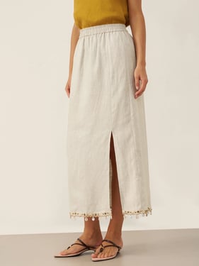 100% Linen Elastic Waist Beaded Skirt BIAN - Natural Linen / XXL
