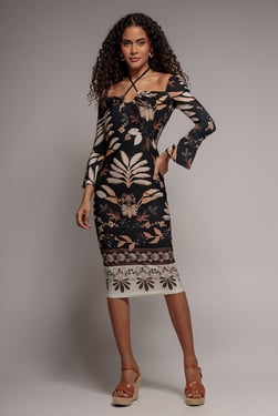 Goddiva Printed Tie Back Midi Dress - Black