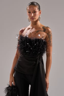 AKIRA Clara Feather Corset Top | Black | Size 1X