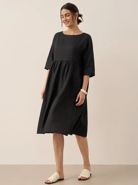 100% Linen A-Line Midi Dress VALENCIA - Charcoal Black / XXXL