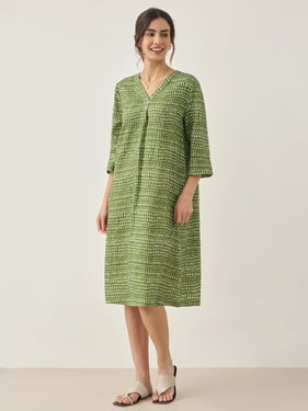 100% Linen V-Neck Dot Midi Dress LIRA - Meadow Dot / XXL
