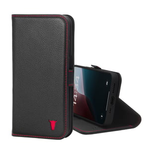 iPhone 16e Leather Case - Black with Red Detail