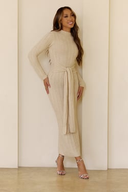 Chilly Nights Knit Long Sleeve Maxi Dress Cream