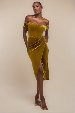 Goddiva Draped Shoulder Velvet Corset Midi Dress - Olive Green
