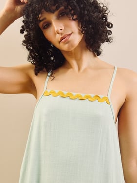 Womens Aqua Blue with Gold Contrast Trim Linen Blend Apron Midi Night Dress - 3XL / 22-24 / Aqua