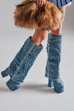 AKIRA Azalea Wang Dumi Denim Chunky Patchwork Boot | Size 11