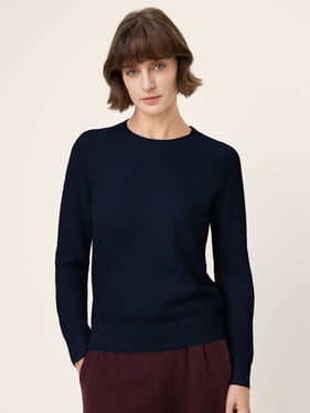100% Mongolian Cashmere Seamless Ribbed Trims Crewneck Sweater TAWNY - Navy Blue / XXL