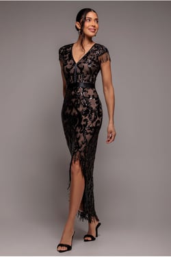 Goddiva Embroidered Sequin Tassel Front Split Midaxi Dress - Black