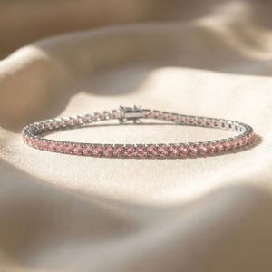 Pink Tourmaline October Birthstone Sterling Silver Tennis Bracelet