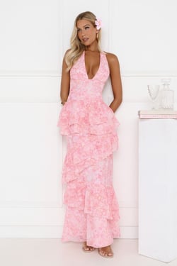Tropical Bloom Halter Tiered Maxi Dress Pink