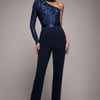 Goddiva One Shoulder Sequin Romper - Navy