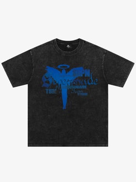 Distressed Washed Gothic Angel Graphic T-Shirt - Wash Water Black / 2XL