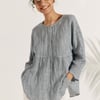Linen Checked Long-Sleeved Top CAROLINE - Ocean Cream / L