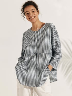 Linen Checked Long-Sleeved Top CAROLINE - Ocean Cream / XXL