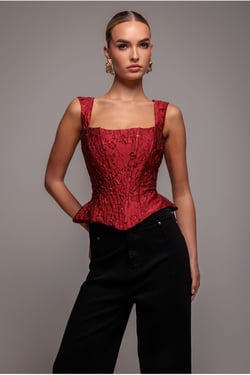 Goddiva Sleeveless Jacquard Lace Up Back Corset - Red